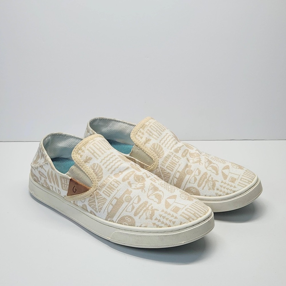 OluKai Pehuea Pa'i Shoes Womens Size 8.5 Beige Canvas Slip On Casual Comfort